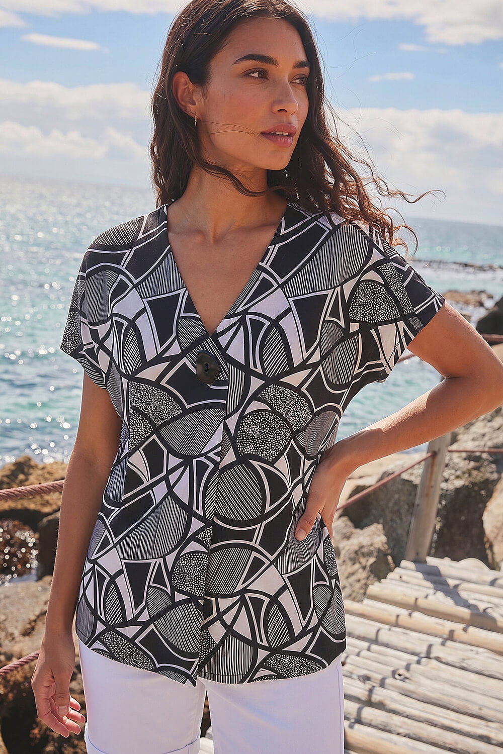 Black Abstract Print V-Neck Stretch Top, Image 1 of 4