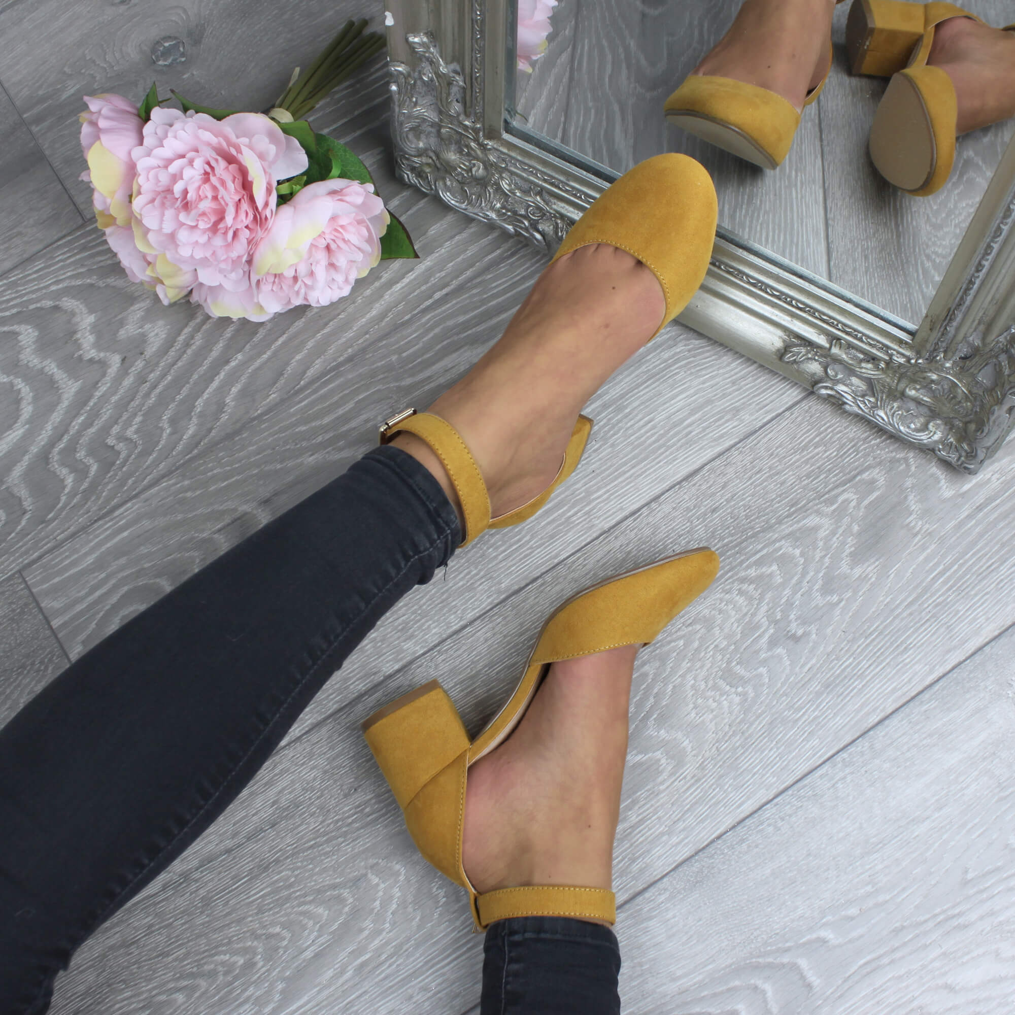 Yellow AJVANI Yellow Mid Block Heel Ankle Strap 2 Part Heels, Image 5 of 6