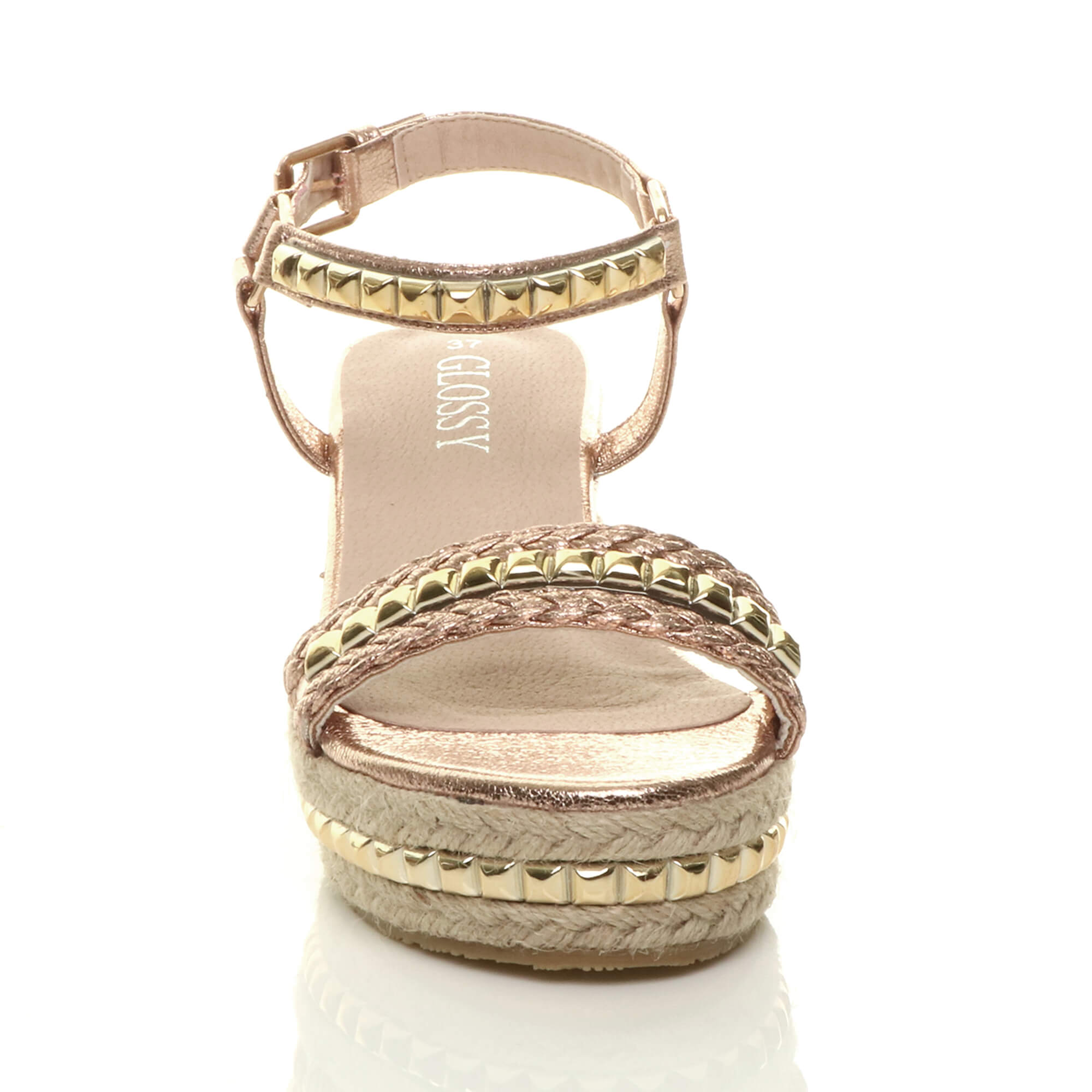 Rose Gold Mid Wedge Studded Flatform Sandals Espadrilles, Image 6 of 6