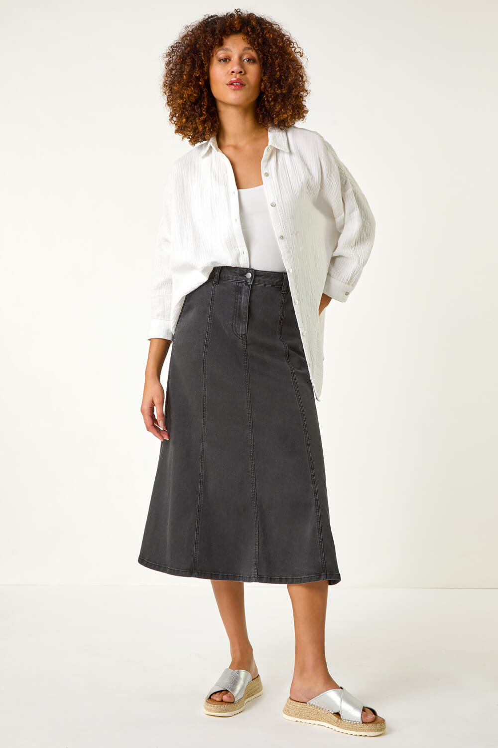 Roman Women's Black Cotton Denim Panelled Midi Skirt Size 20