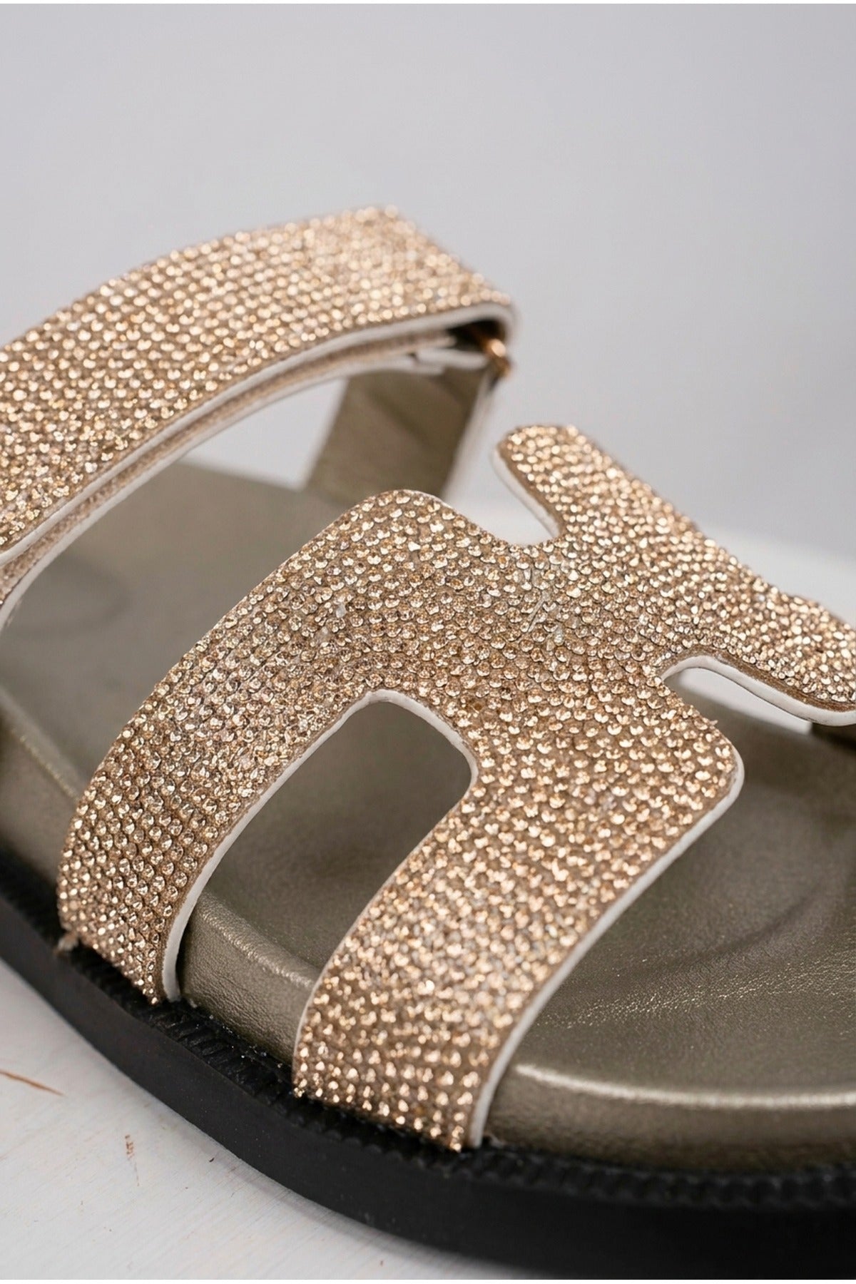 Gold Pearl Rhinestone Embellished Double Strap Sandals, Image 3 of 5