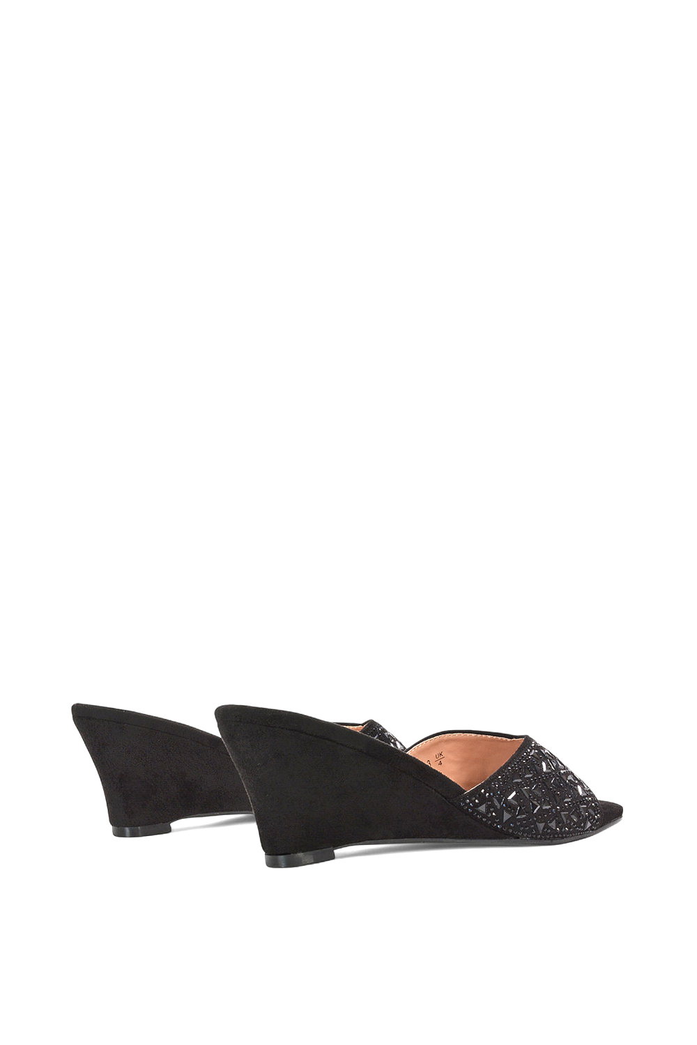 Black XY LONDON Black 'Georgia' Wedge Heel Diamante Square Peep Toe Heeled Mule Sandals, Image 4 of 6