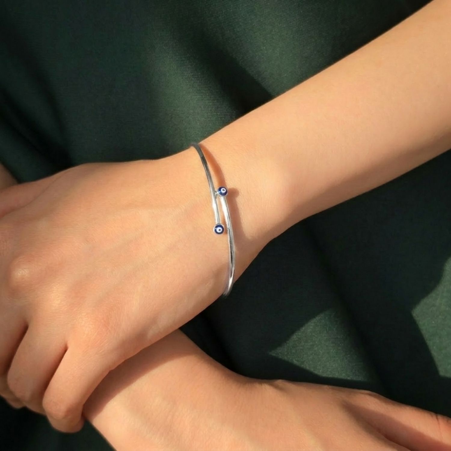 Silver Turkish Blue Evil Eye Minimalist Sterling Silver Bangle, Image 2 of 5