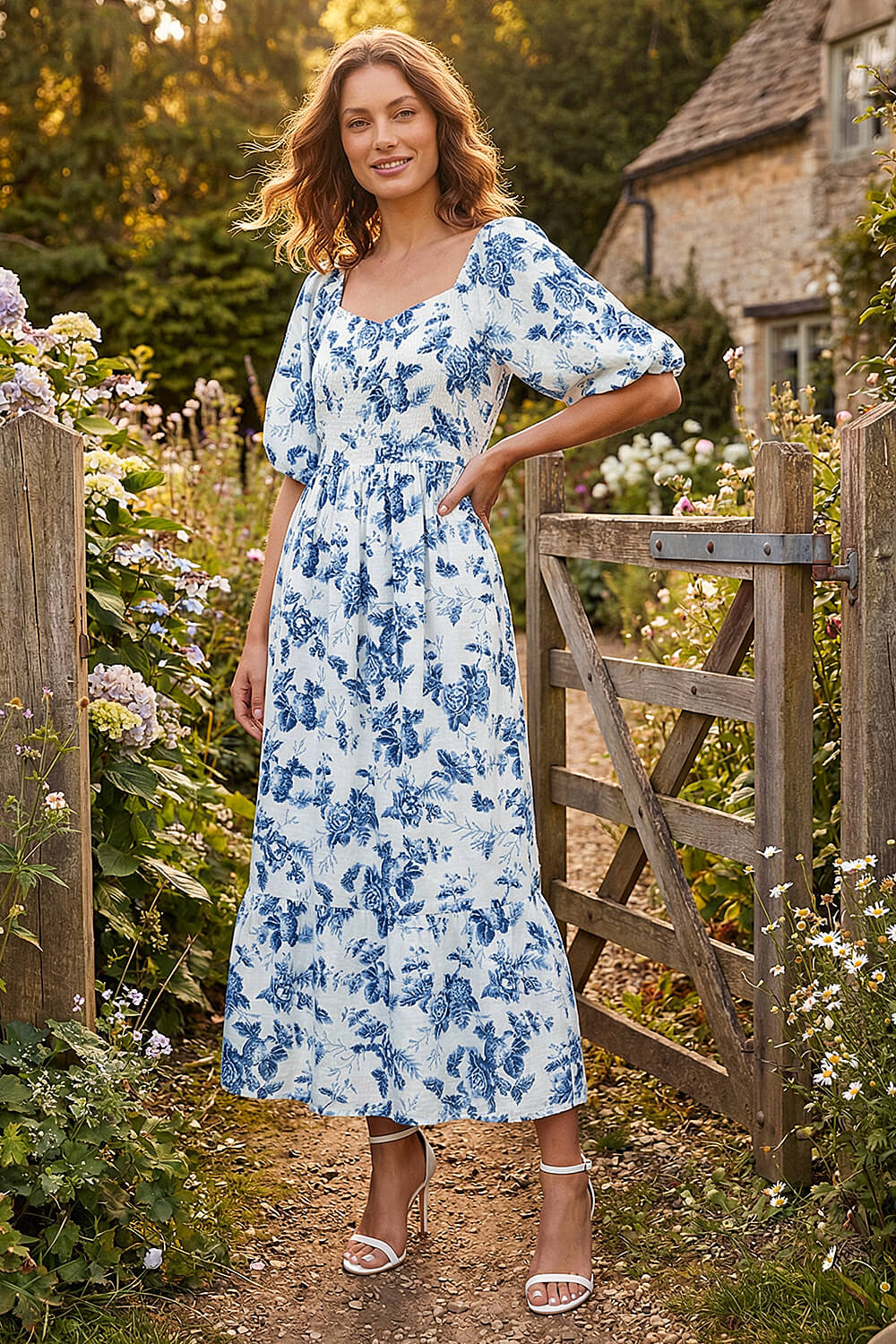 Blue Petite Floral Print Midi Dress, Image 1 of 4