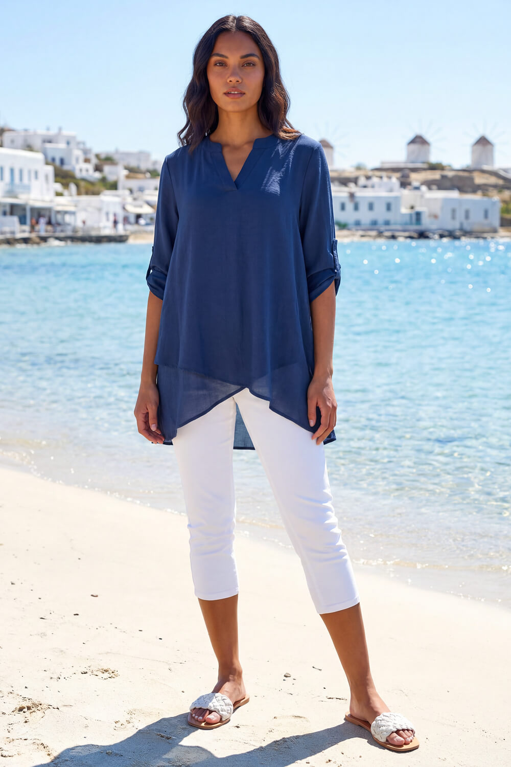 Navy V-Neck Wrap Hem Tunic Top, Image 3 of 4