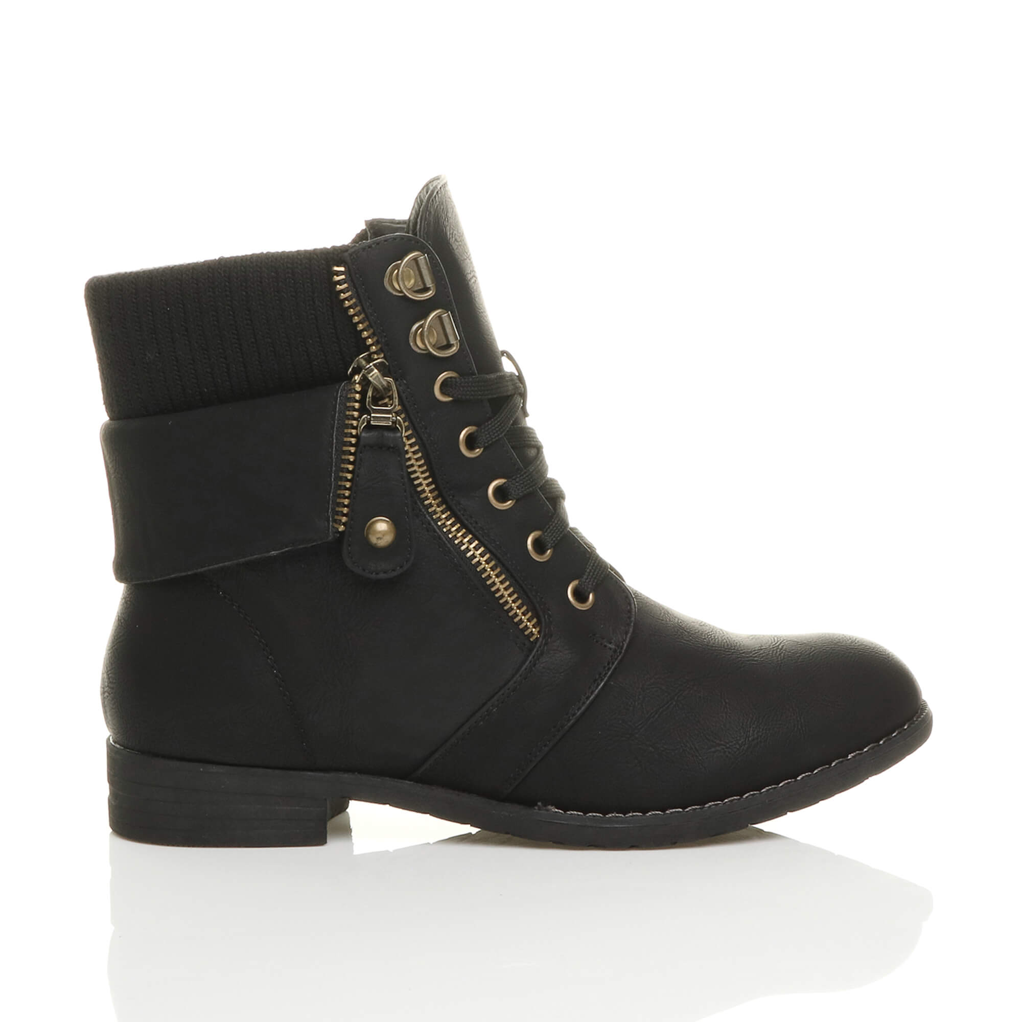 Black AJVANI Black Lace Up Knitted Collar Biker Military Boots, Image 2 of 6
