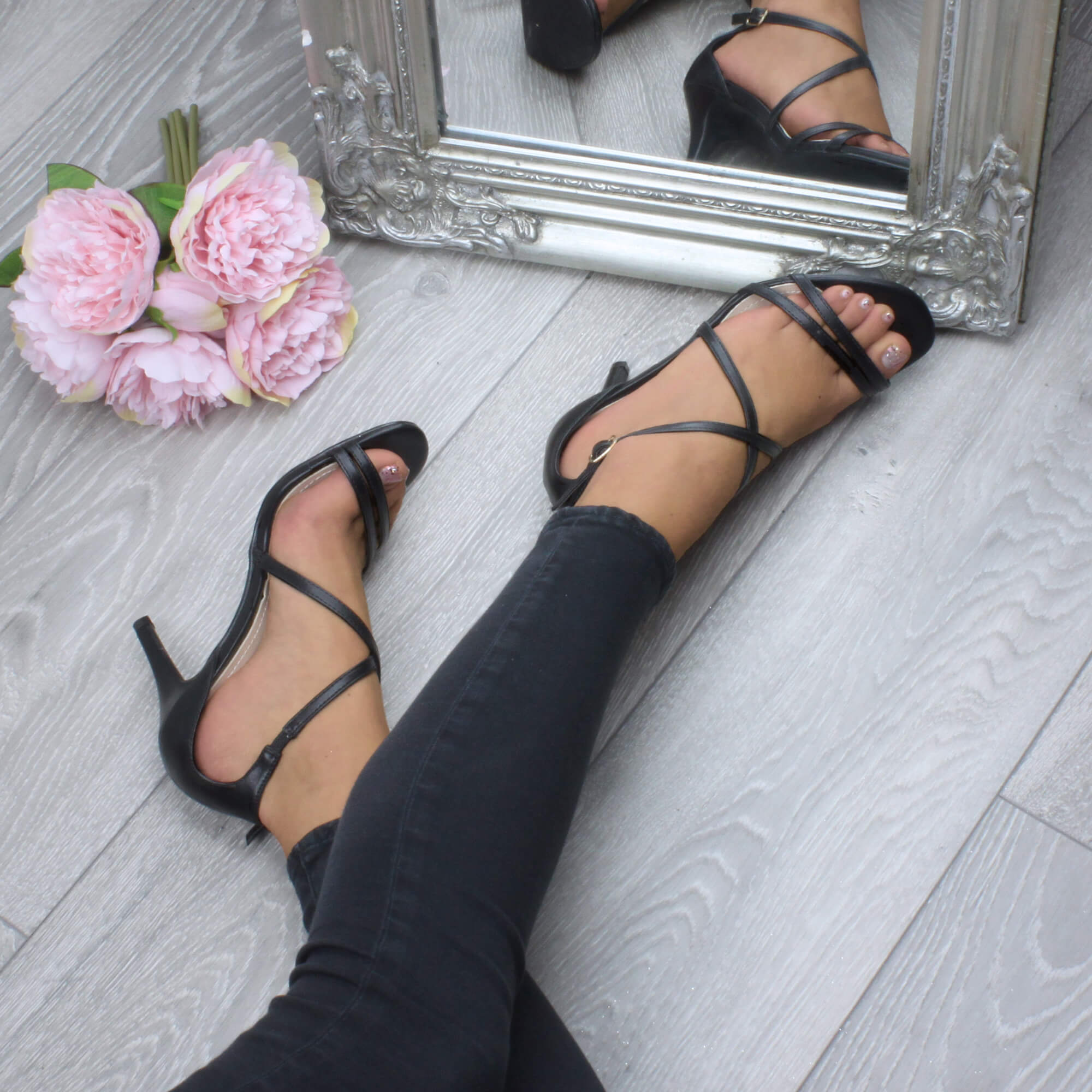 Black AJVANI Black High Heel Crossed Straps Buckle Sandals, Image 5 of 6