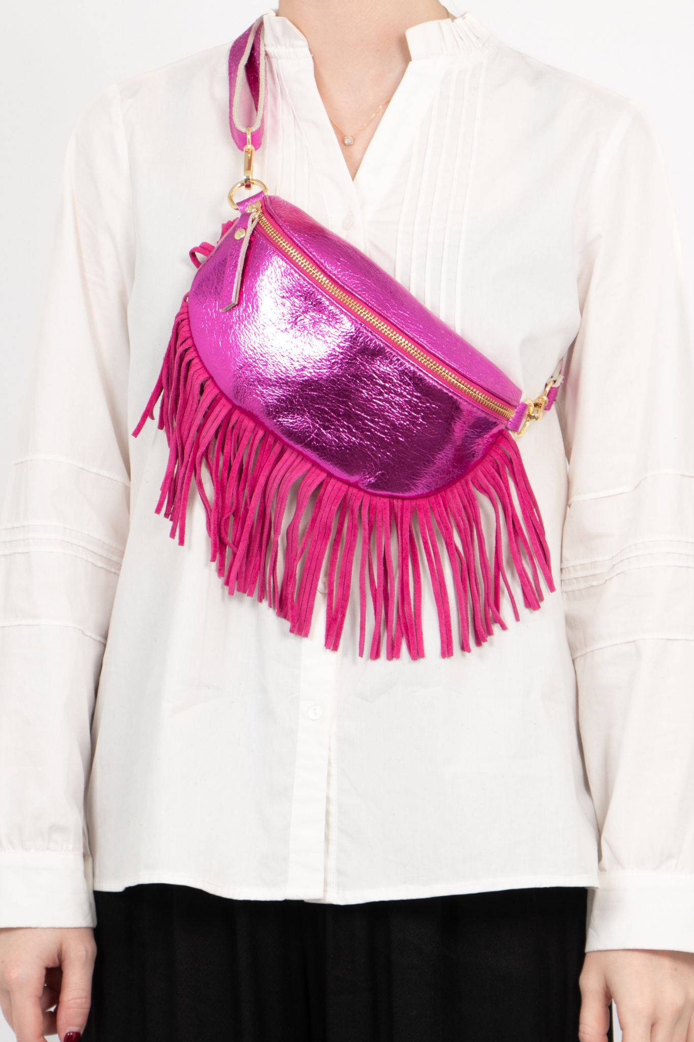 Fuchsia Fringed Half Moon Leather Crossbody Bag, Image 2 of 2