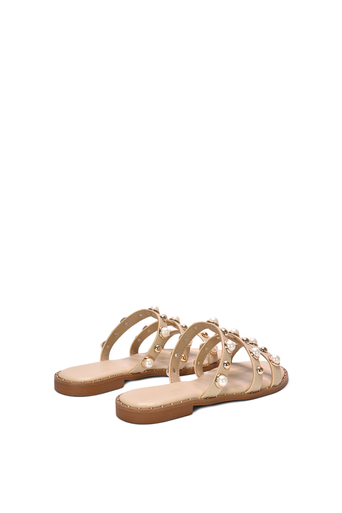 Beige Slip On Sandals With Peal Studded Straps, Image 4 of 6