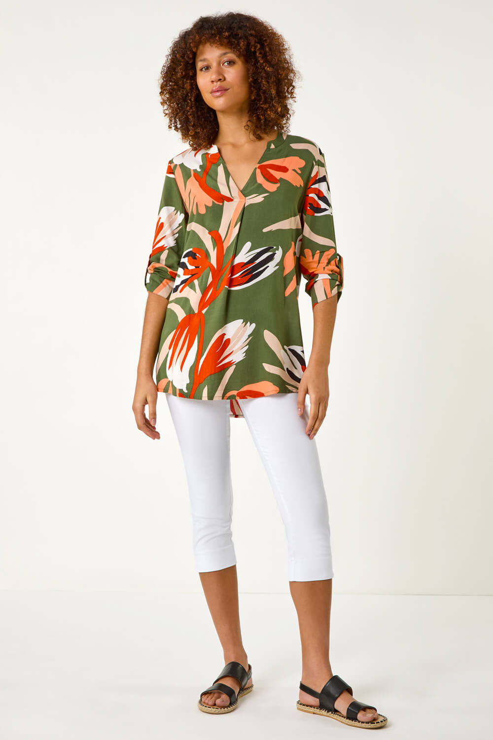 Khaki Abstract Print Pleat Detail Top, Image 3 of 5