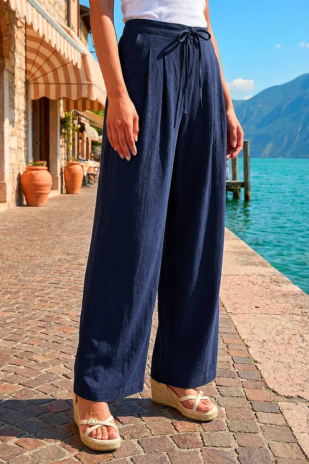 Navy Fluid Tie Waist Smart Trouser, Image 3 of 5