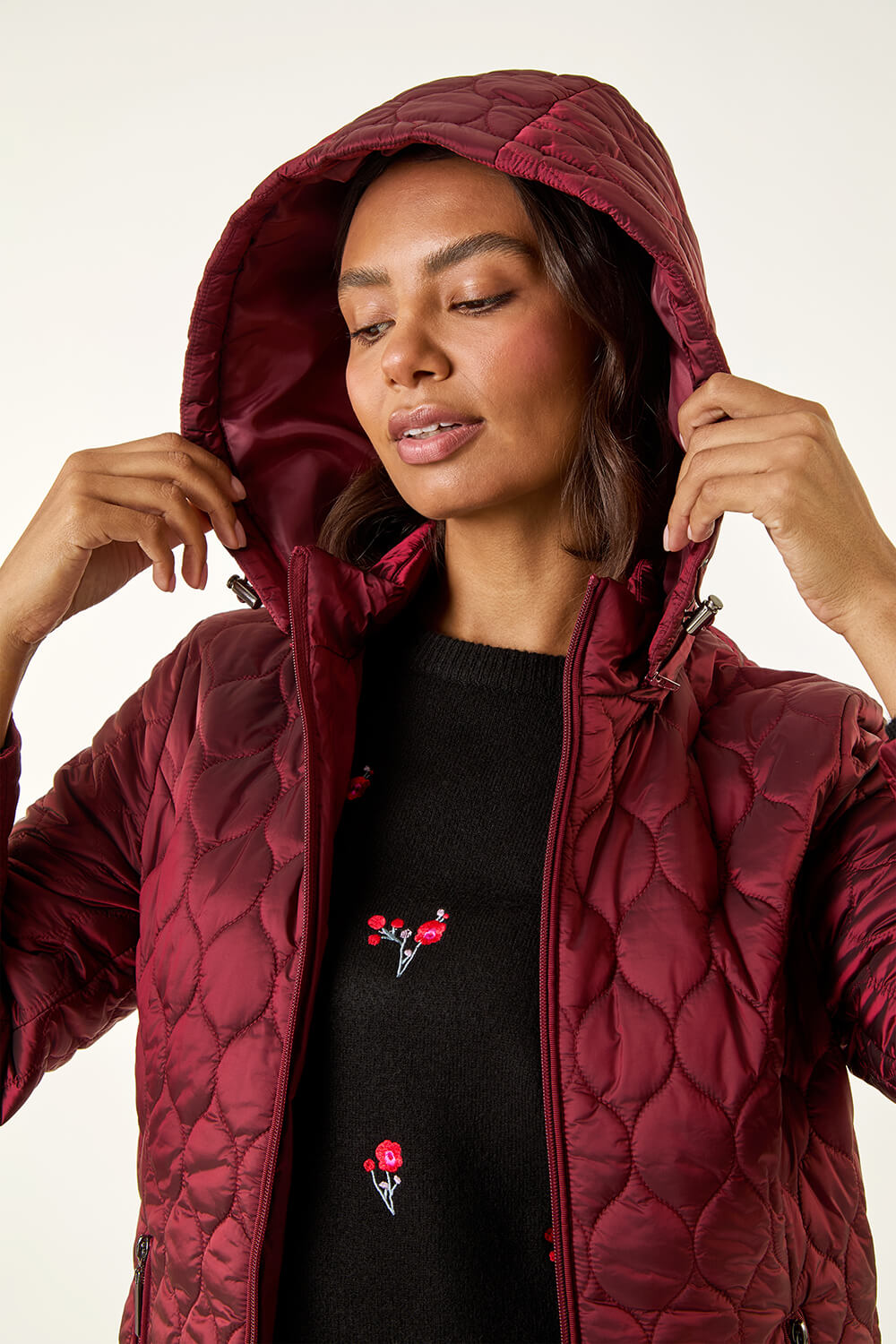 Roman Women's Red Hooded Quilted Puffer Coat Size 14