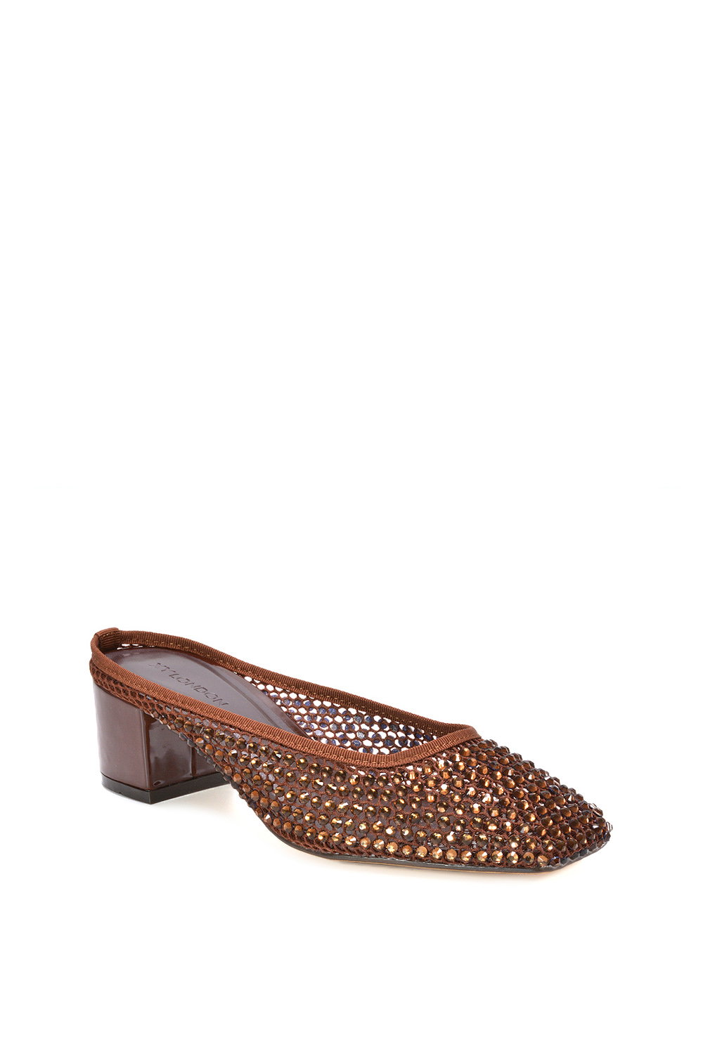 Brown XY LONDON Brown 'Brooklyn' Square Toe Court Shoe Mule Block Heels With Crystal Mesh, Image 2 of 6
