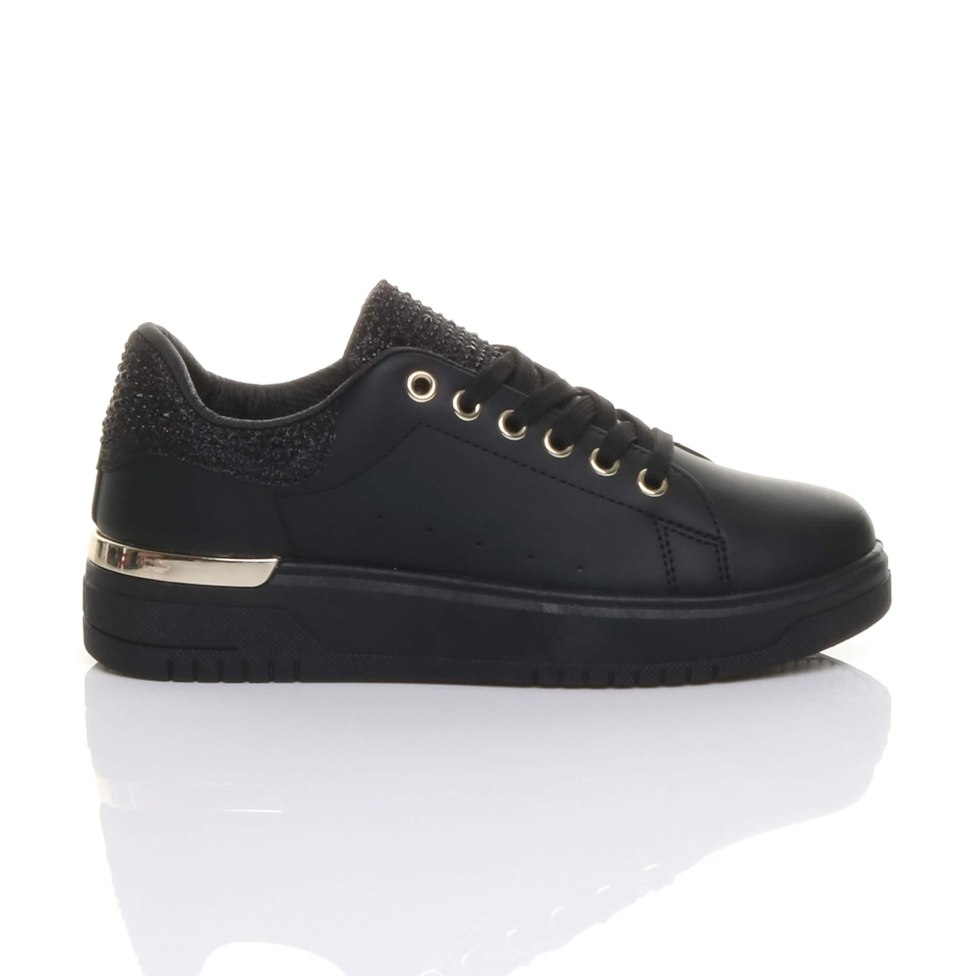 Black Flat Chunky Diamante Sparkly Trainers, Image 2 of 6