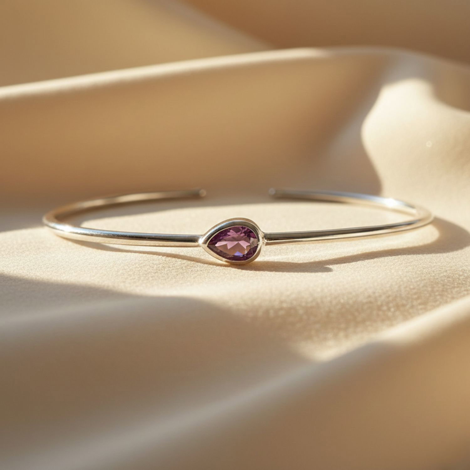 Purple Minimalist Sterling Silver Amethyst February Birthstone Bangle Bracelet