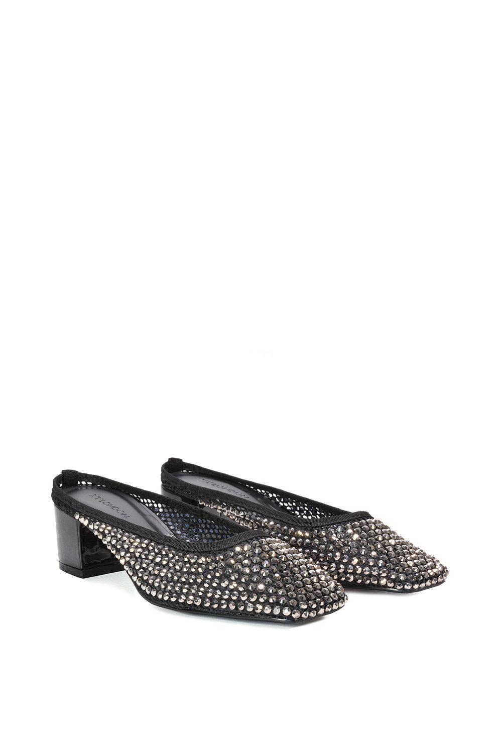 Black XY LONDON Black 'Brooklyn' Square Toe Court Shoe Mule Block Heels With Crystal Mesh, Image 3 of 6