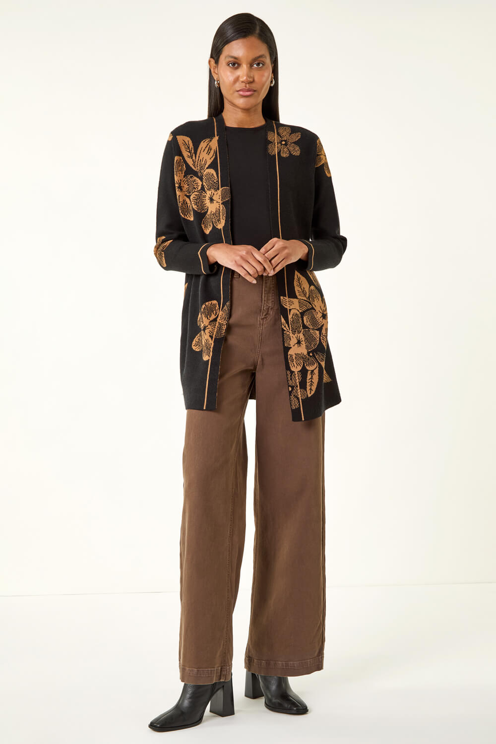 Black Contrast Floral Print Cardigan , Image 3 of 5
