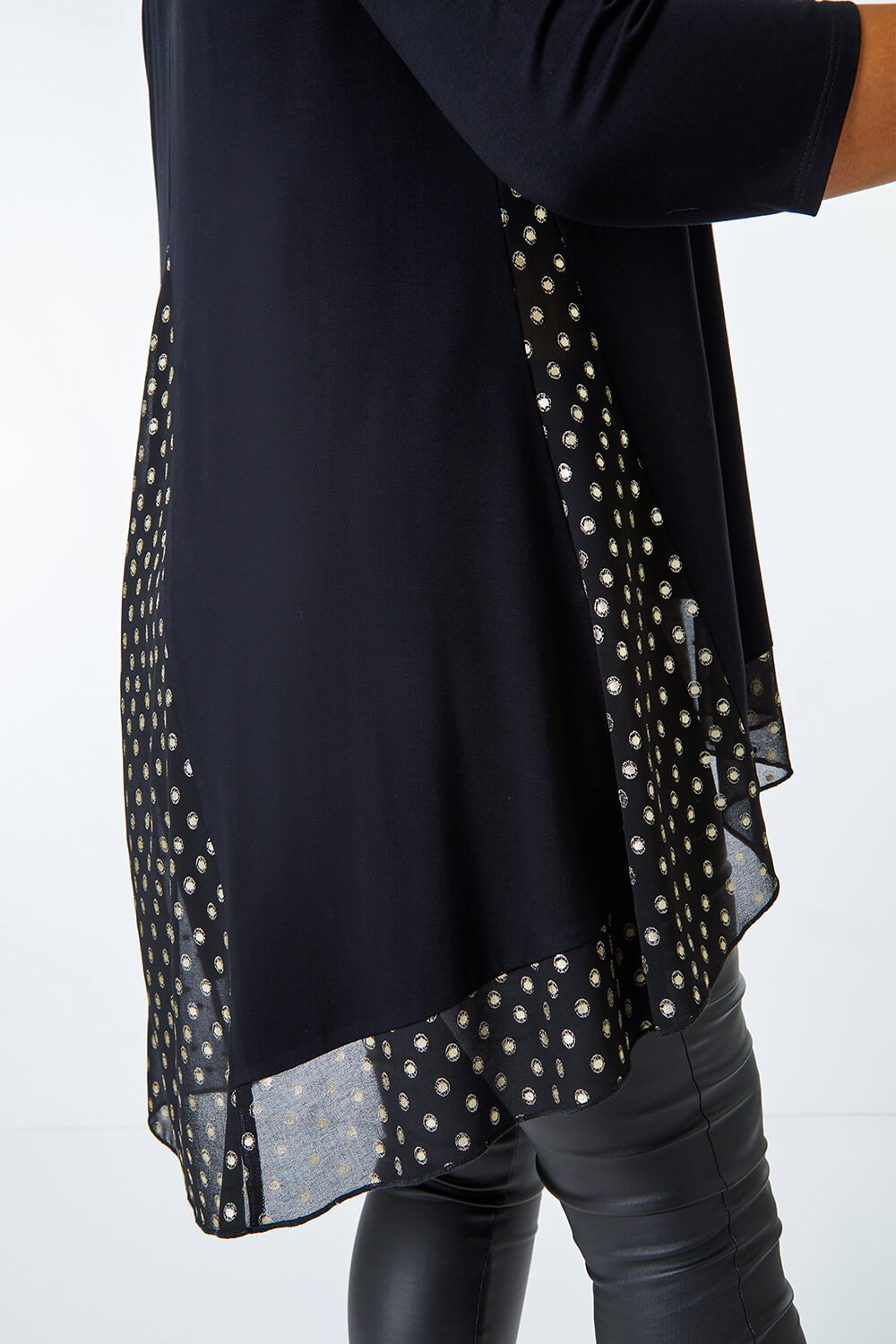 Black Curve Metallic Print Chiffon Hem Top, Image 6 of 5