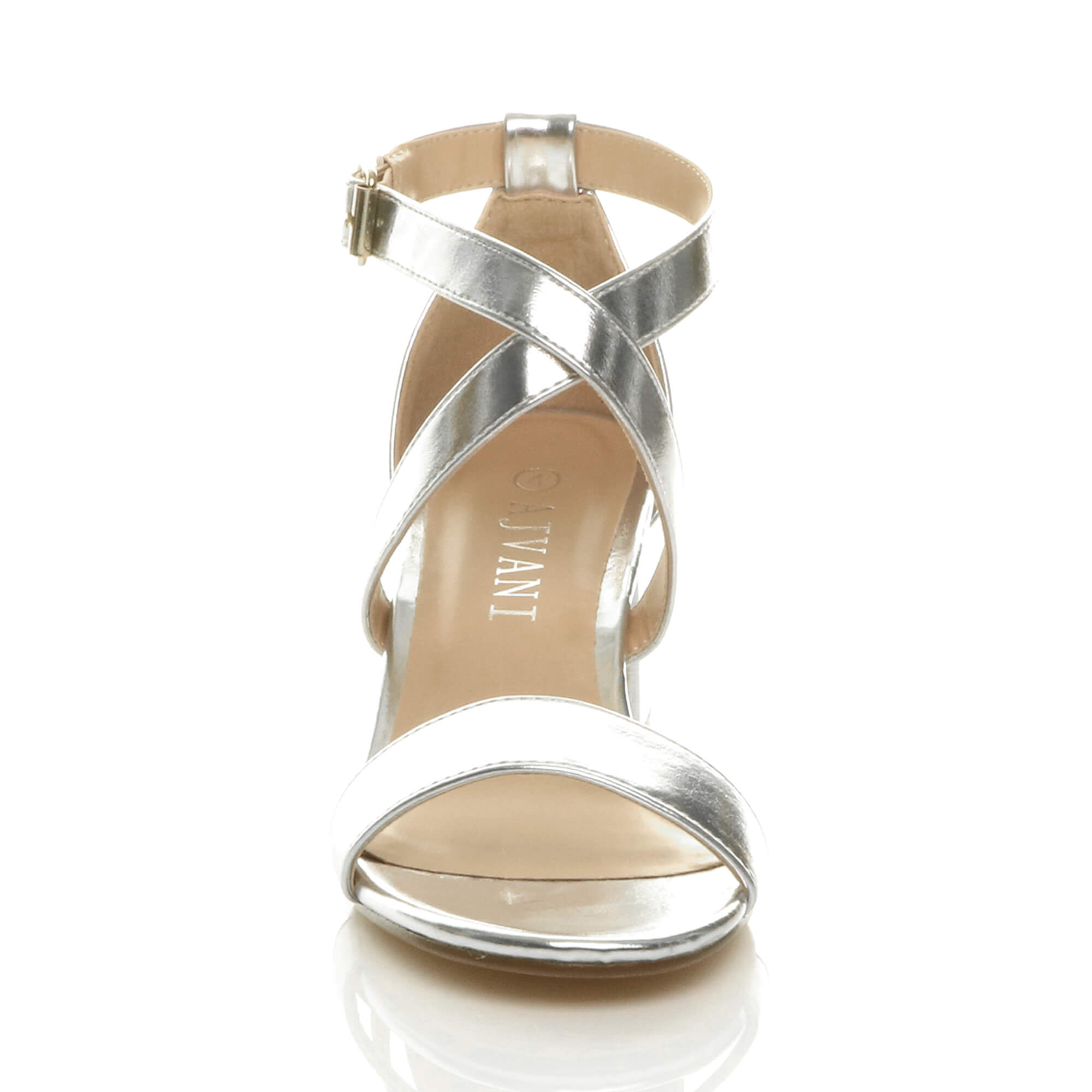 Silver AJVANI Silver Mid Block Heel Crossed Straps Sandals, Image 6 of 6