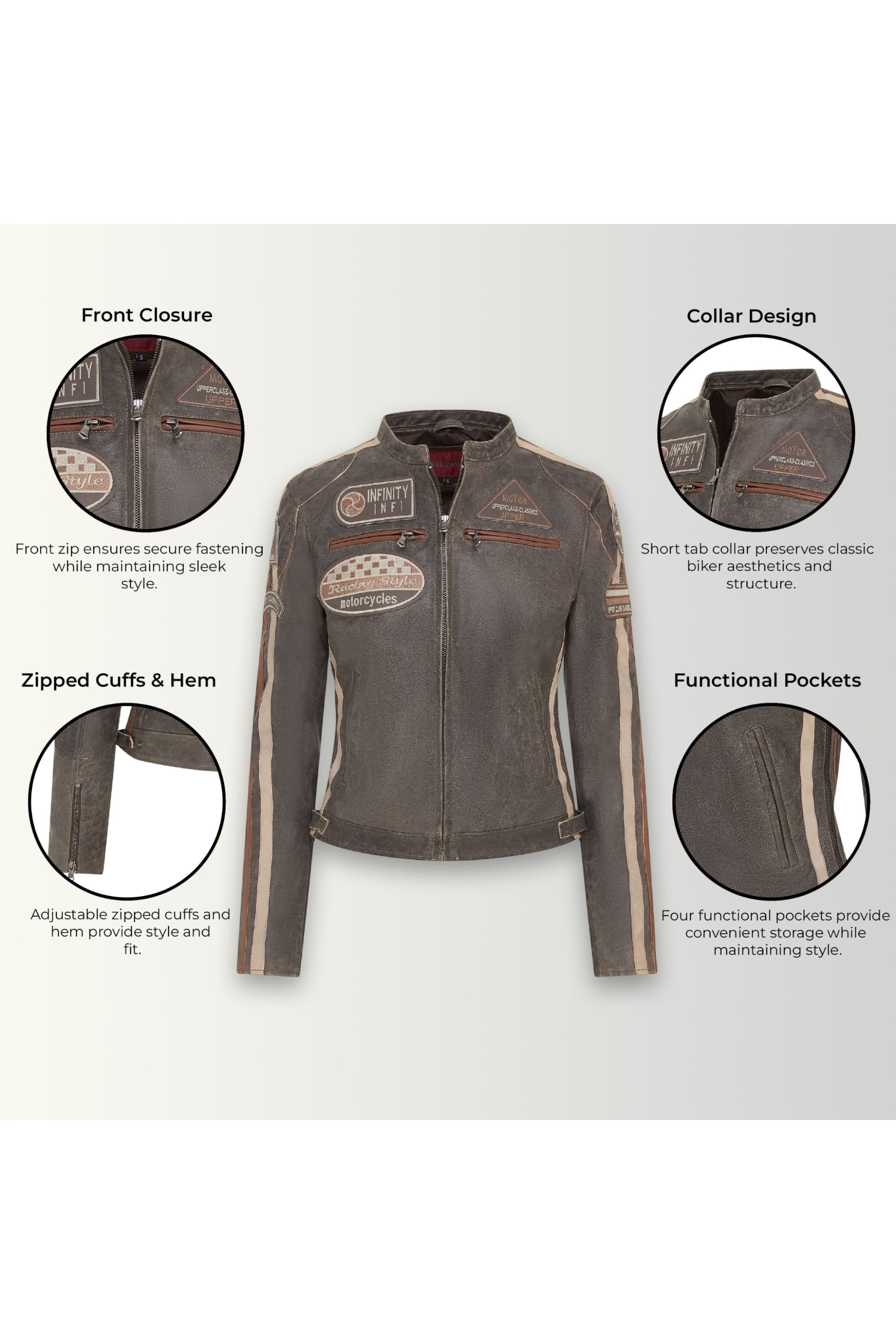 Sand Biker Racing Badges Leather Jacket, Image 3 of 5