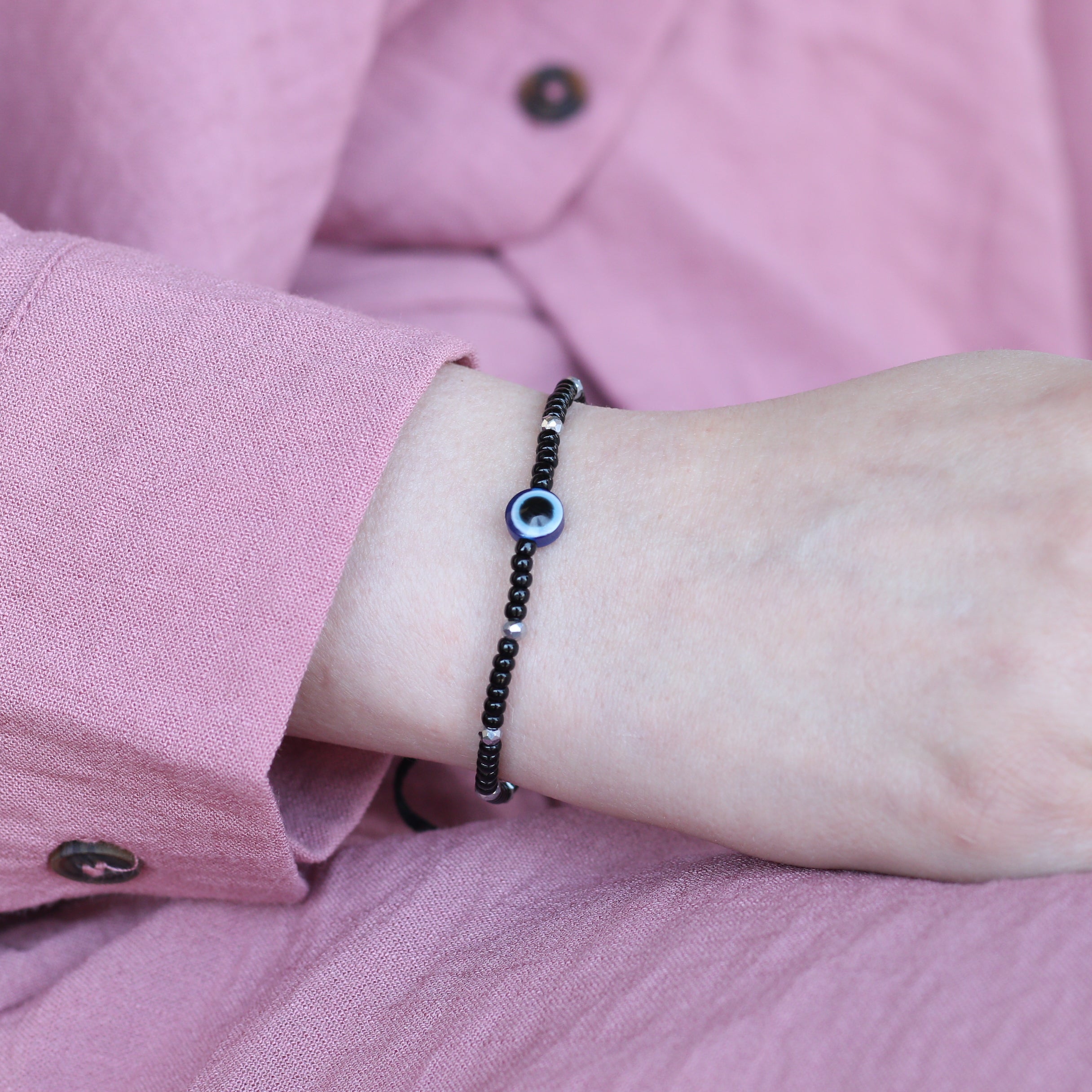 Black Adjustable Evil Eye Beaded Bracelet, Image 3 of 4