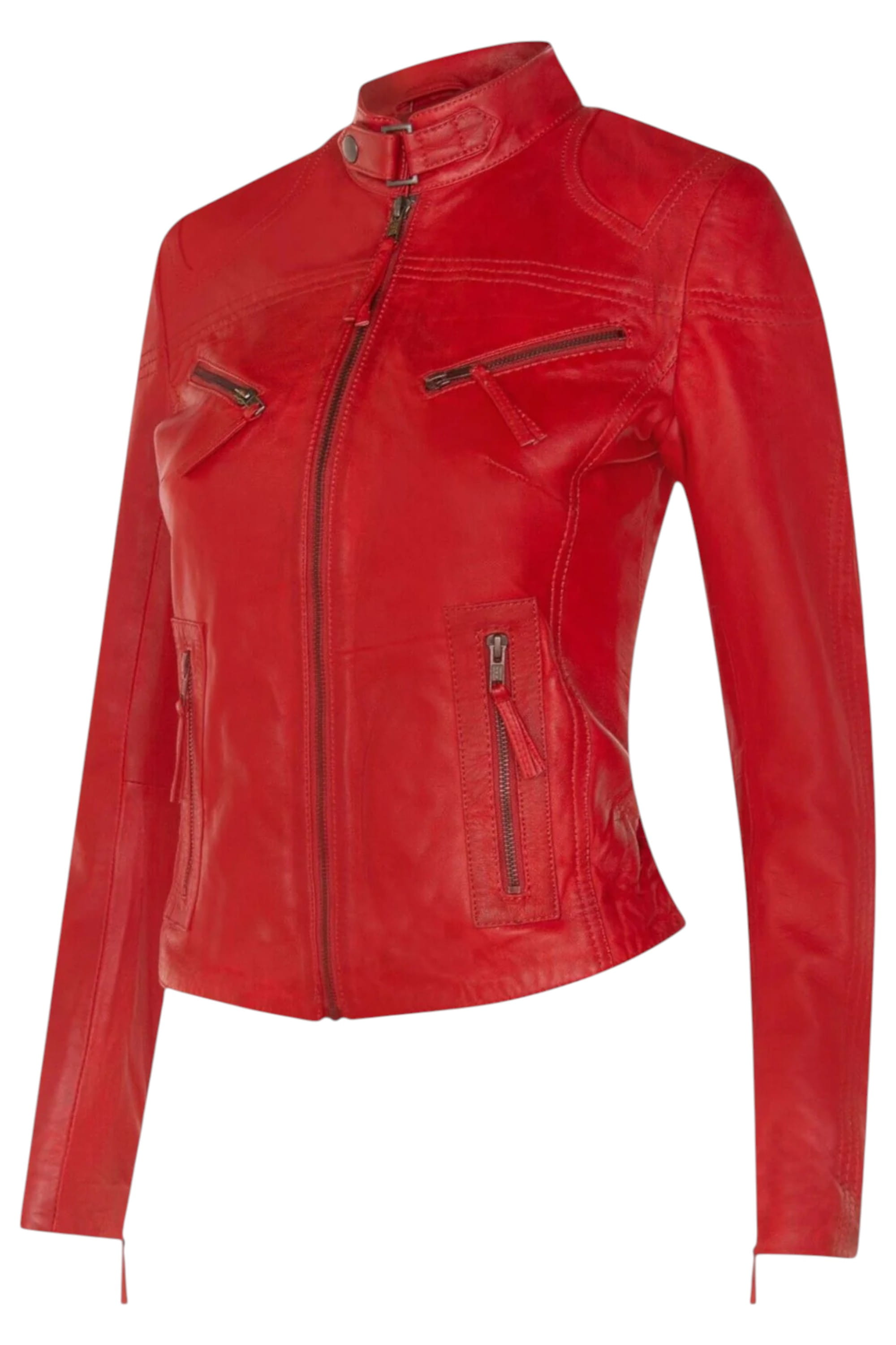 Red Slim-Fit Leather Biker Jacket-Tulsa, Image 4 of 7