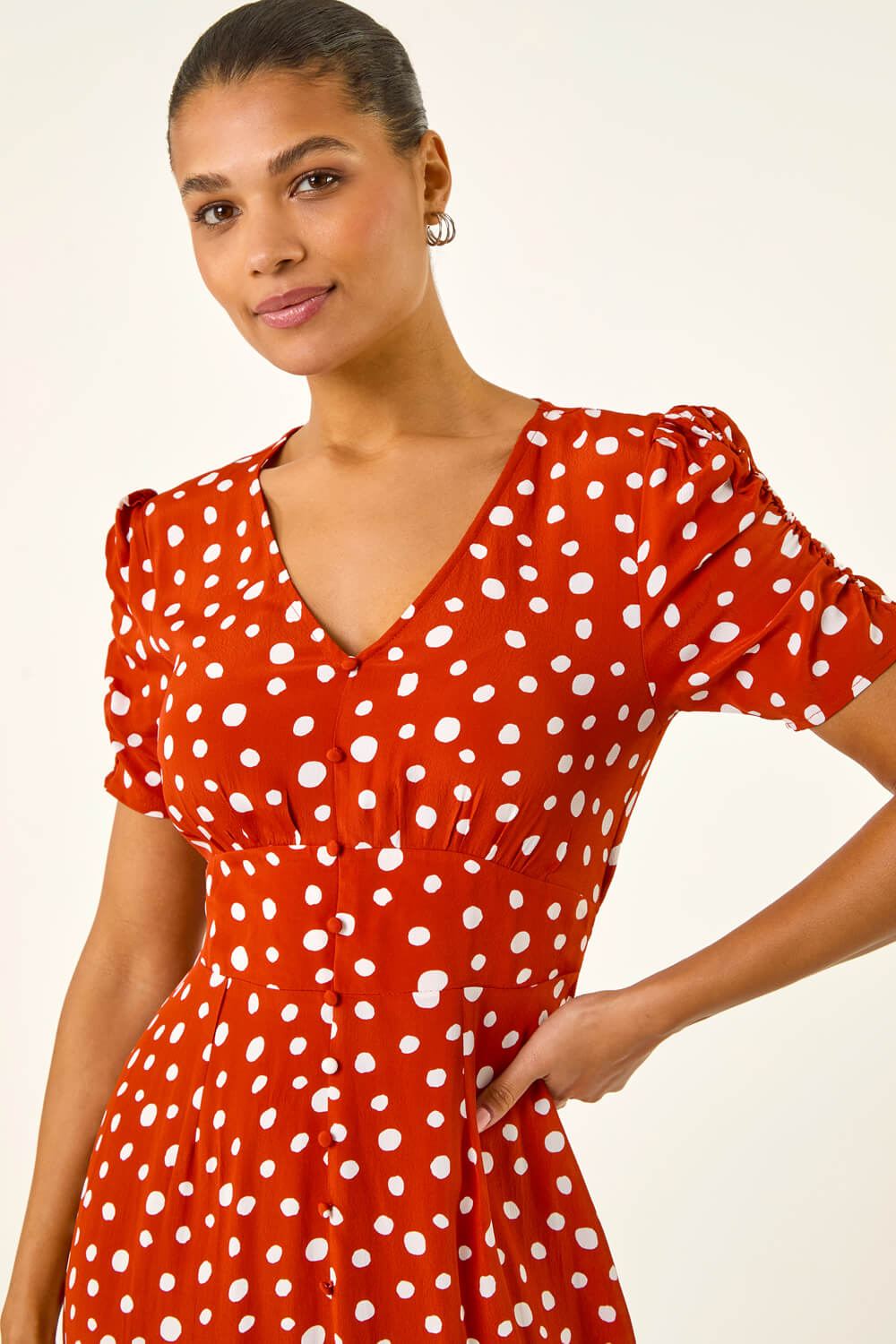 Dark Orange Polka Dot Ruched Sleeve Midi Dress, Image 6 of 6