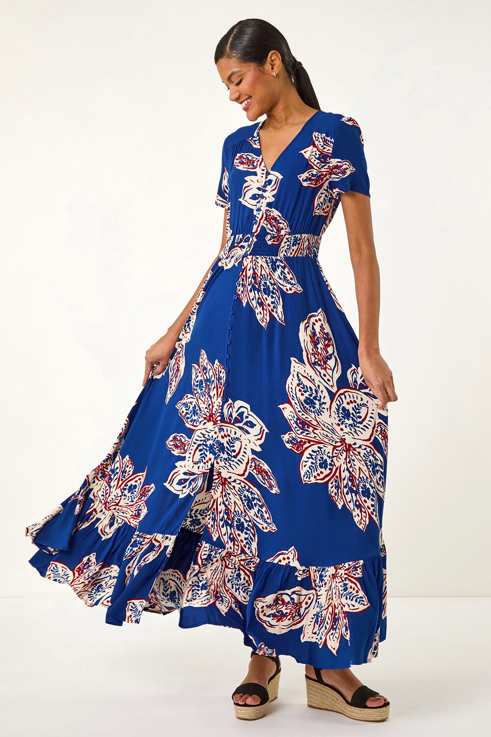 Blue Leaf Print Shirred Maxi Dress, Image 3 of 5