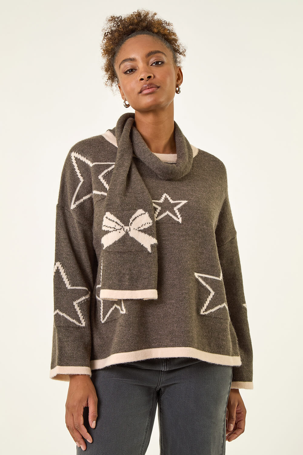 Dark Grey Star Knit Jumper and Scarf Set, Image 3 of 6