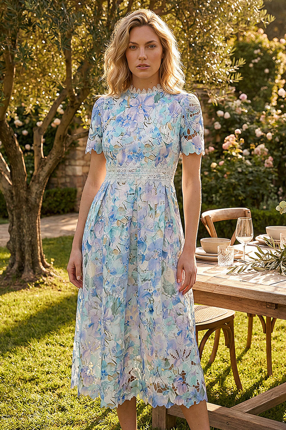 Blue Watercolour Lace Midi Dress | Roman UK
