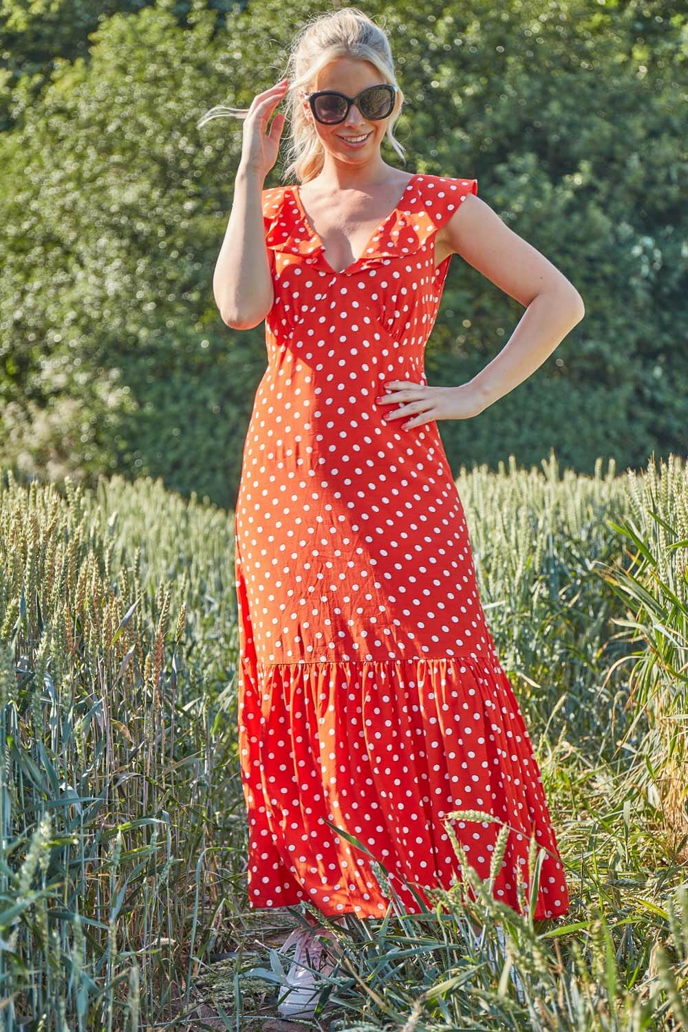 Red Polka Dot Frilly Midi Dress, Image 5 of 5