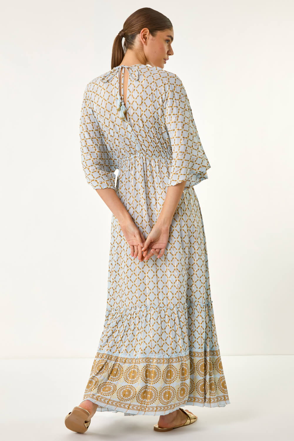 Light Blue  Shimmer Boho Border Maxi Dress, Image 4 of 5
