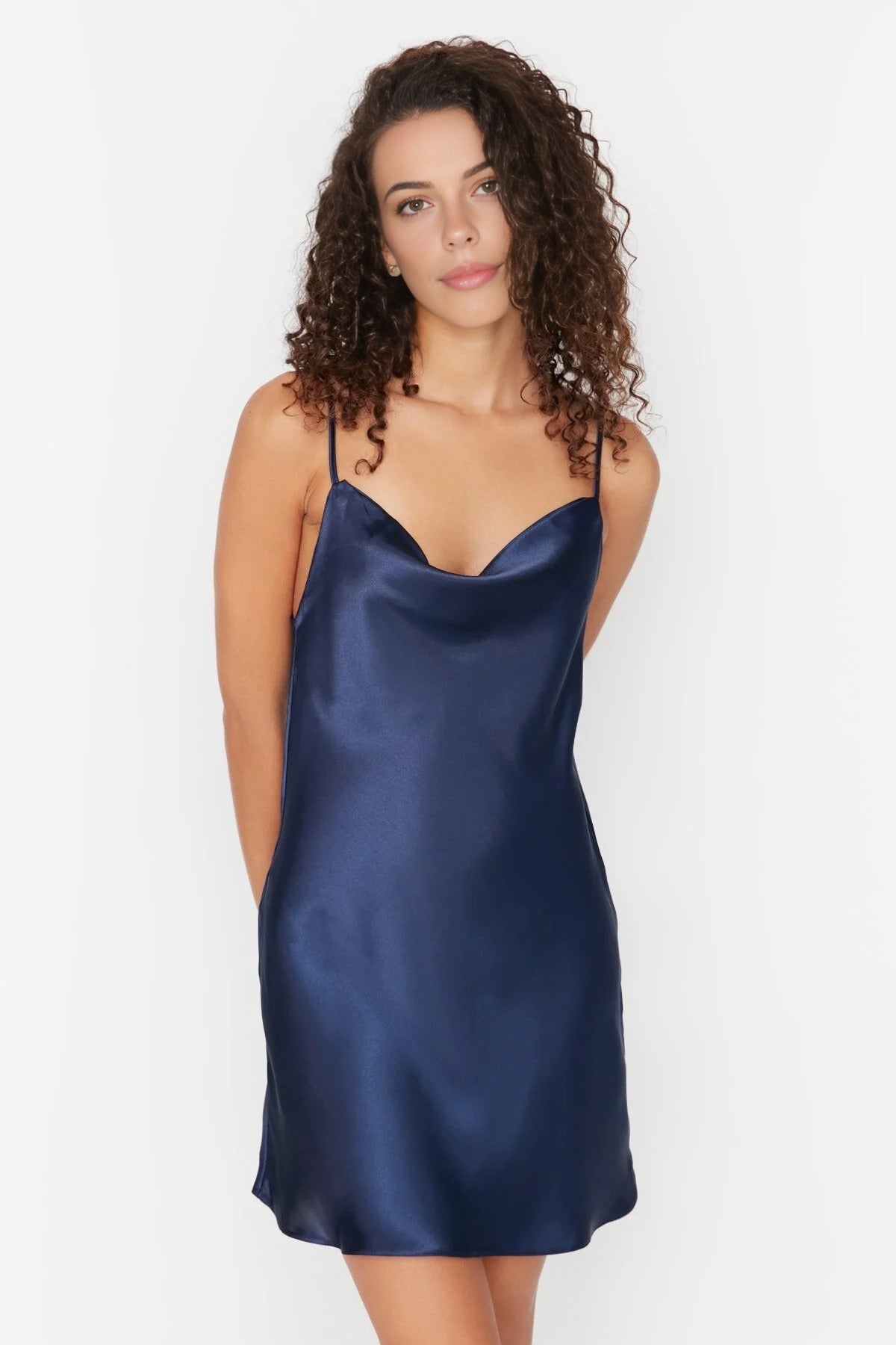 Navy Cowl Neck Back Detail Satin Strappy Mini Nightdress, Image 1 of 3