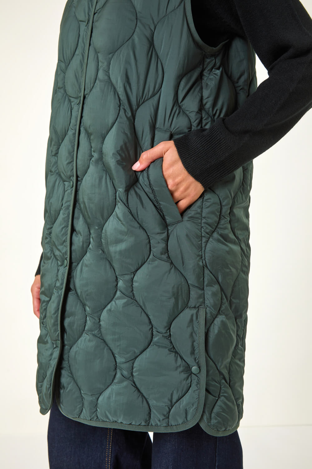 Forest Green Quilted Collarless Button Detail Gilet, Image 6 of 6