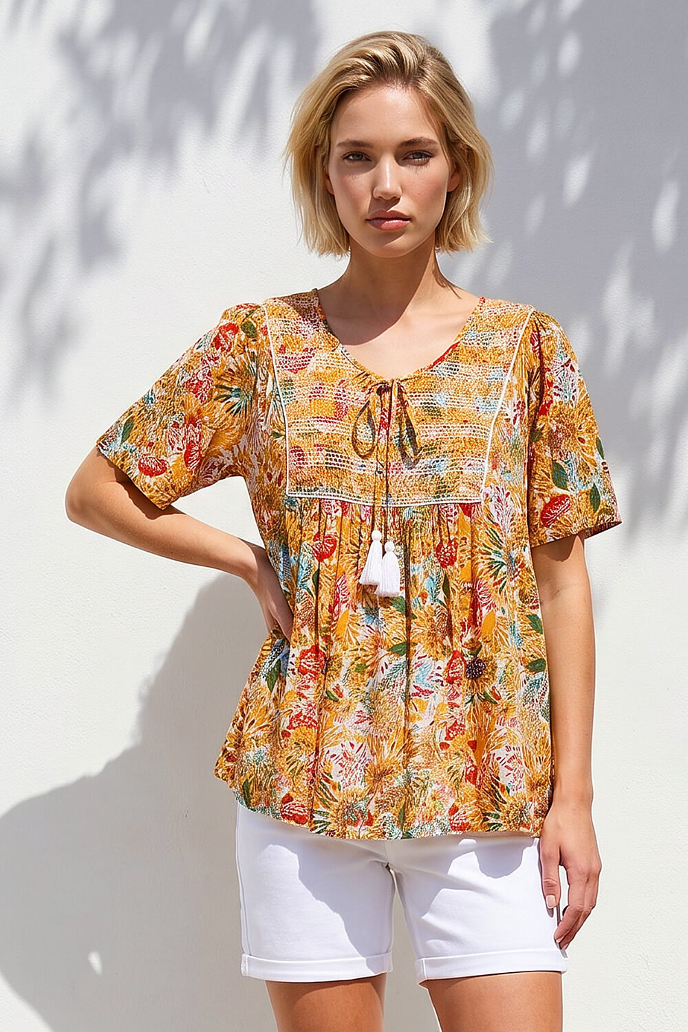 Ochre Floral Textured Stitch Tunic Top, Image 3 of 4