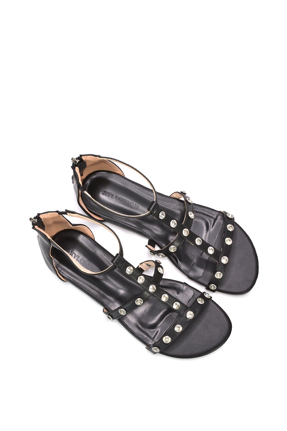 Black XY LONDON Black 'Julia' T-Bar Gladiator Sandals With Studded Details, Image 6 of 6