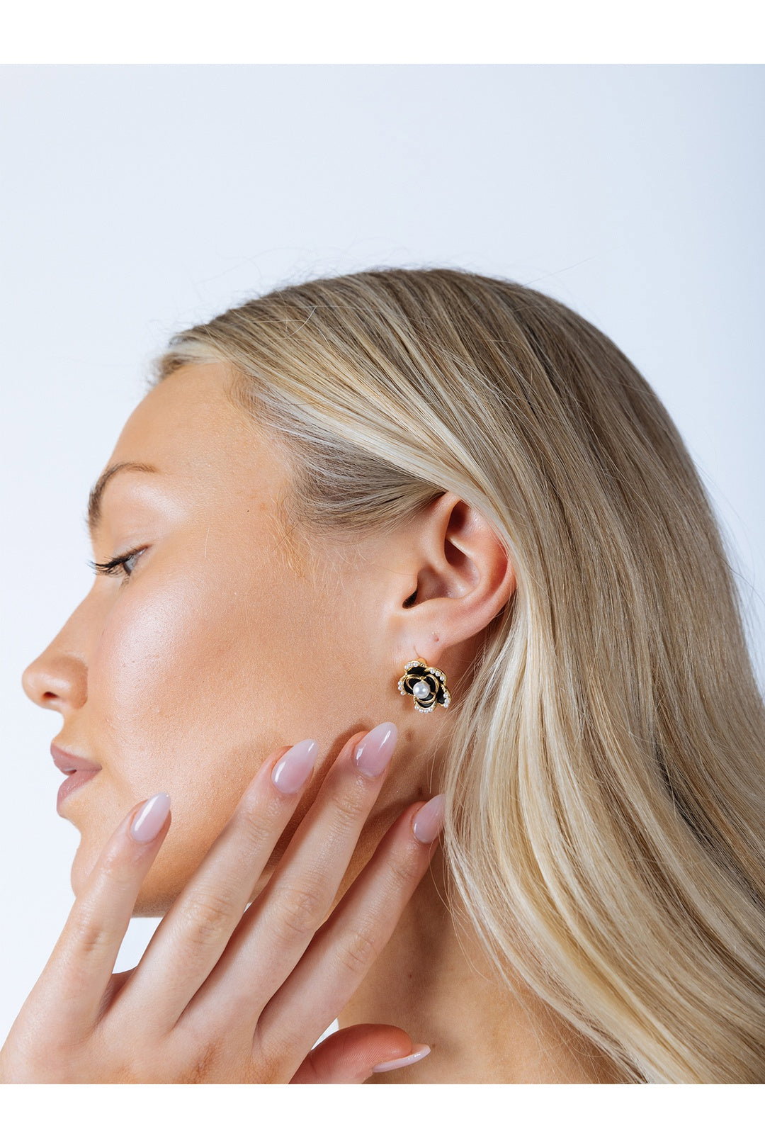 Gold Black Floral Pearl Stud Earrings in Gold - Gift Boxed, Image 3 of 5