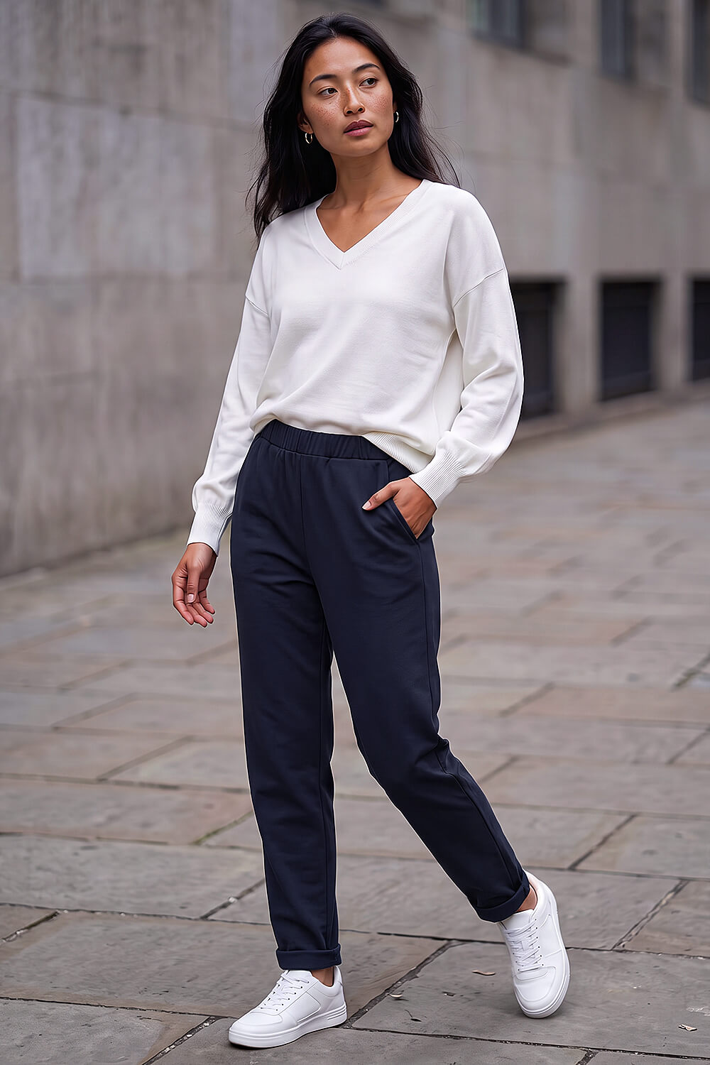 Navy Petite Turn Up Trouser, Image 3 of 4