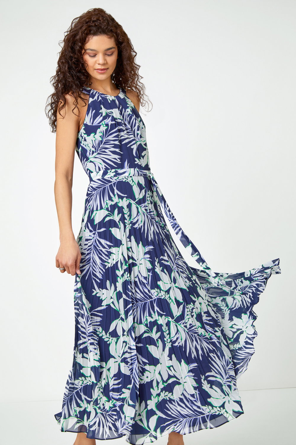 Navy Sleeveless Palm Print Pleated Maxi Dress | Roman UK