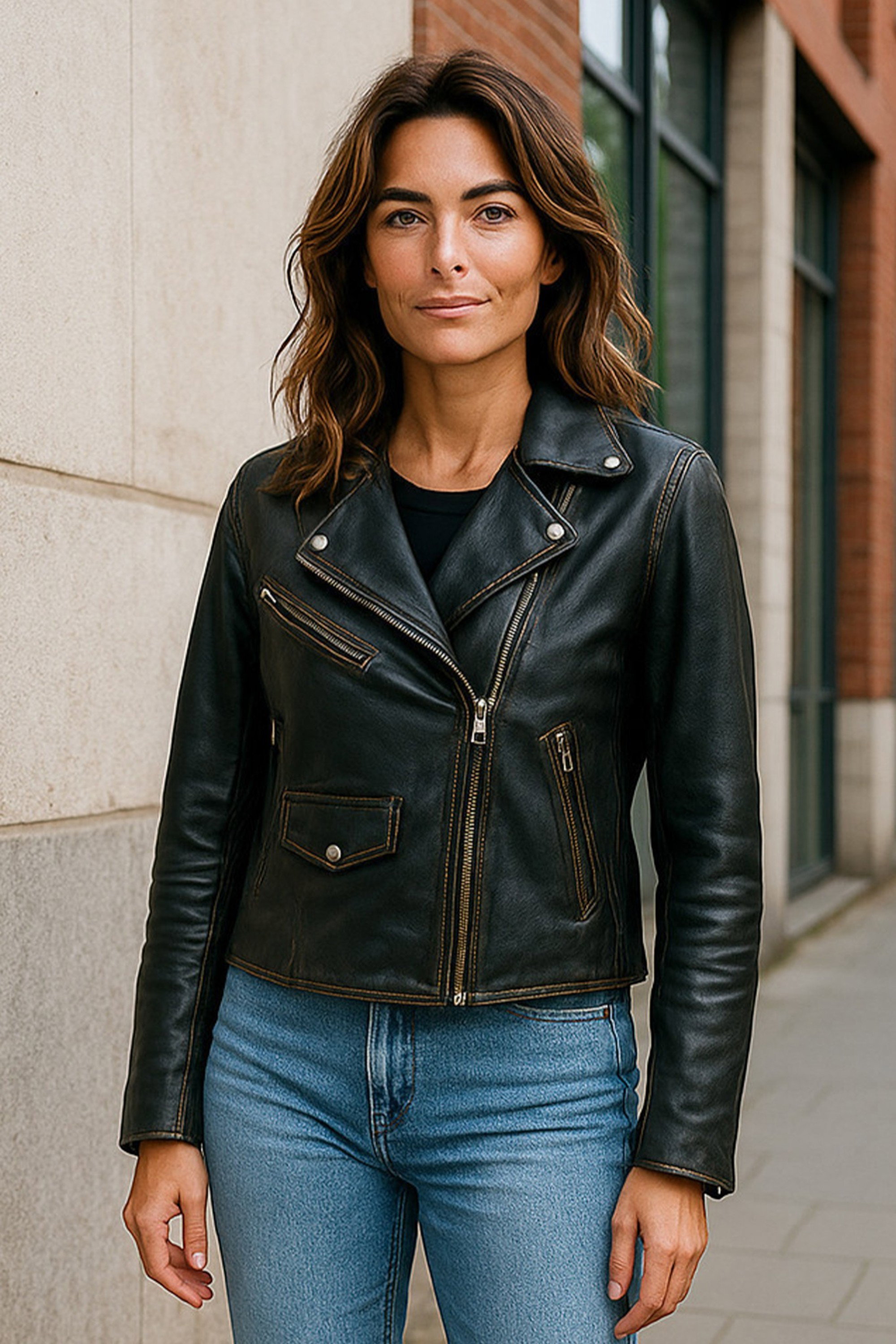 Tortoishell Brando Biker Leather Jacket-Broome, Image 1 of 8
