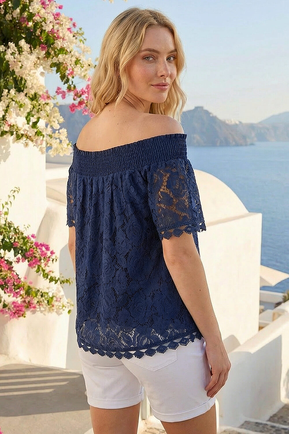 Navy Lace Detail Bardot Top, Image 4 of 4