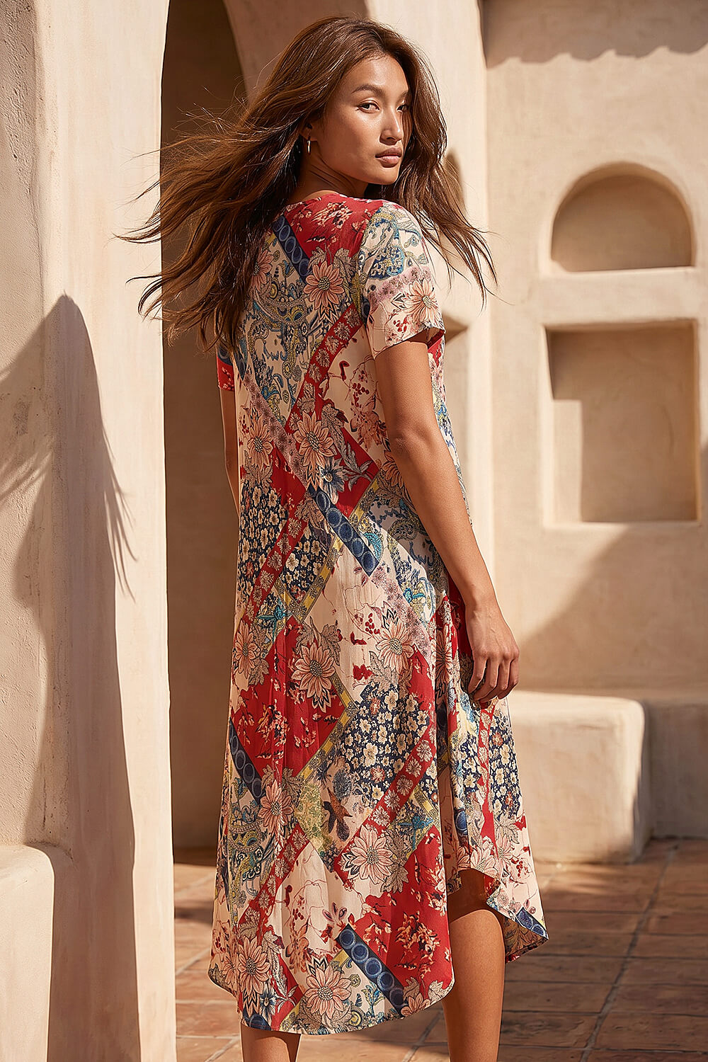 Red Patchwork Print Curved Hem Midi Dress, Image 4 of 4
