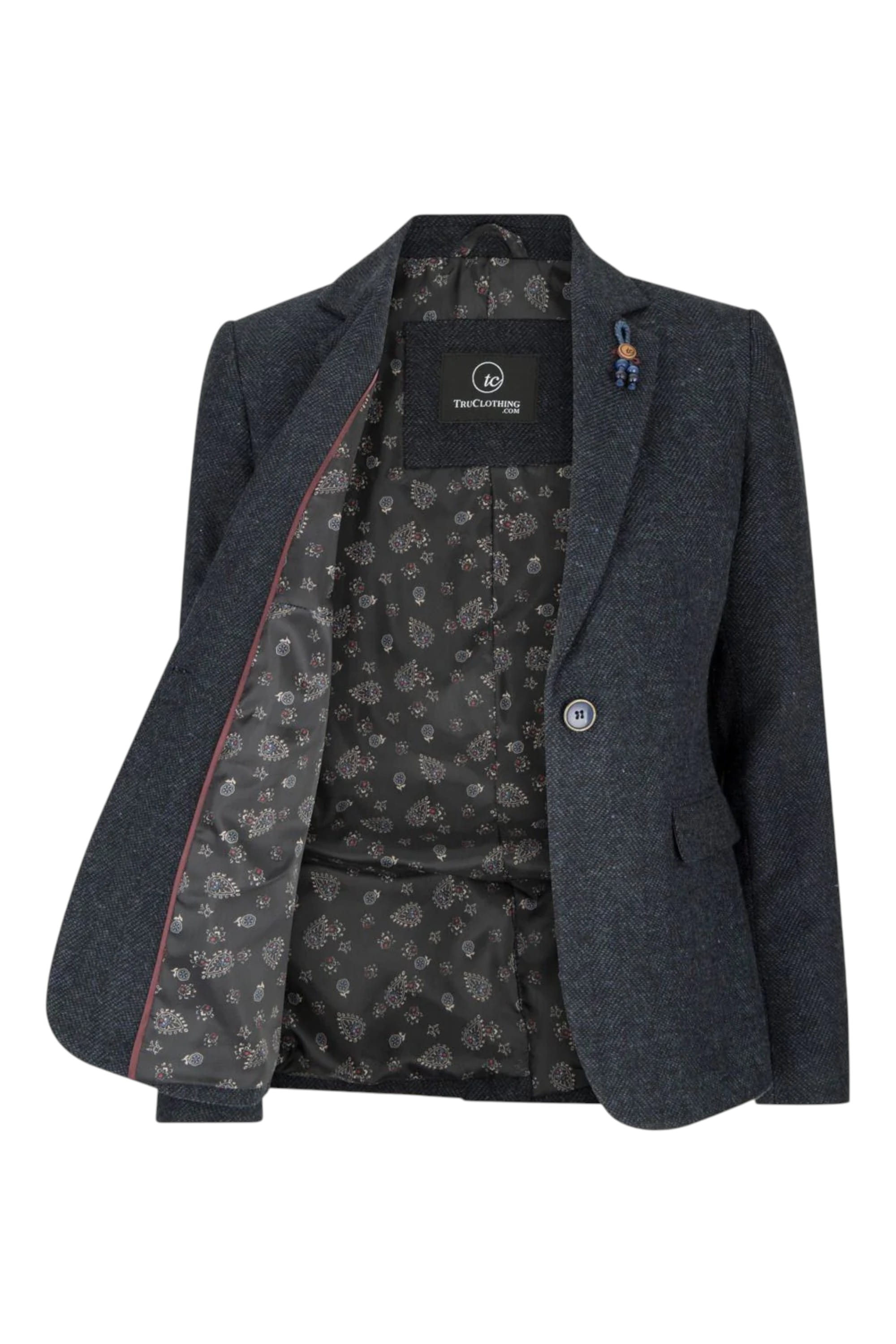 Navy Blue Infinity Leather Navy Blue Tweed 1920s Herringbone Navy Blazer, Image 5 of 6