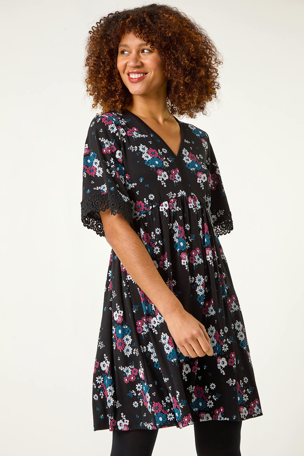 Black Lace Trim Floral Dress, Image 3 of 5