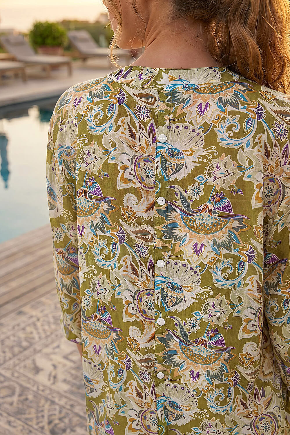 Green Floral Print Notch Neck Blouse, Image 5 of 4