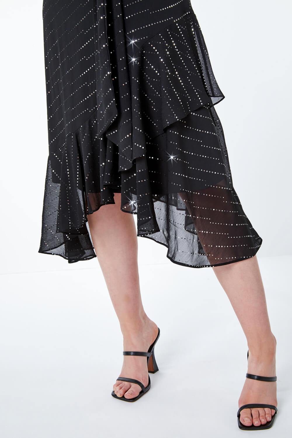 Black Sequin Frill Hem Asymmetric Midi Wrap Dress, Image 6 of 5