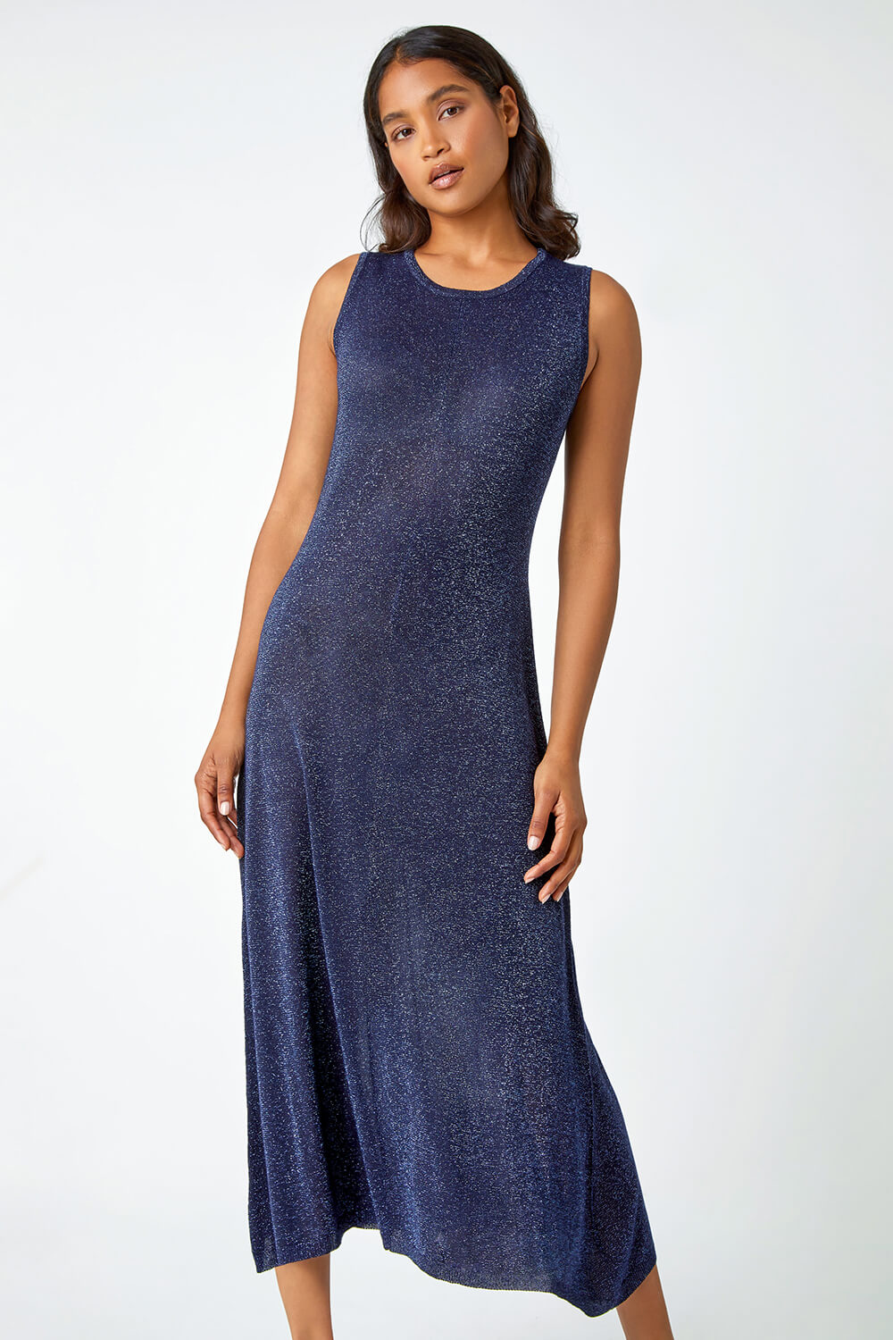 Navy Sleeveless Sparkle Knitted Midi Dress, Image 1 of 5