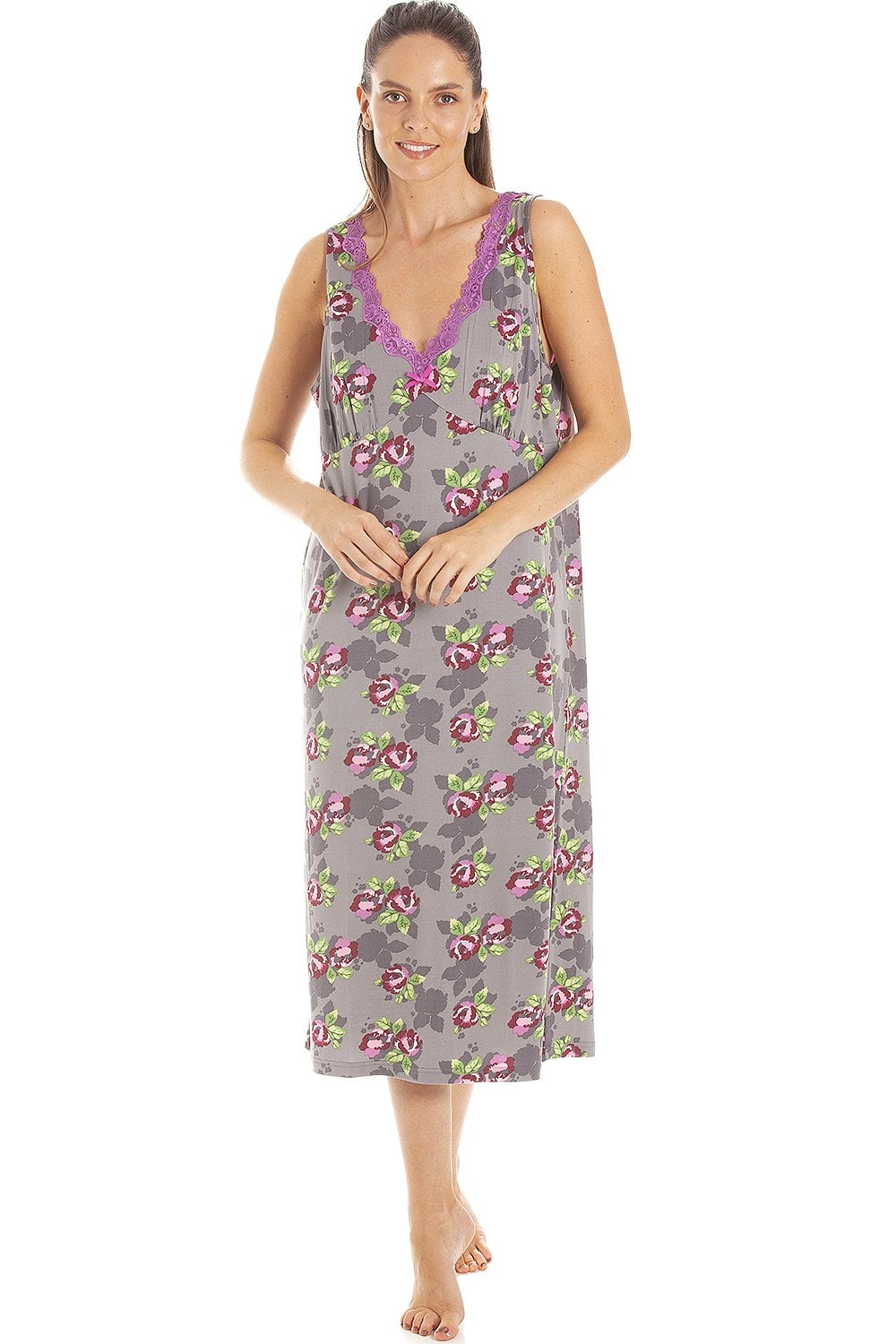 Grey Camille Lingerie Grey Floral Print Spandex Knee Length Chemise, Image 1 of 5