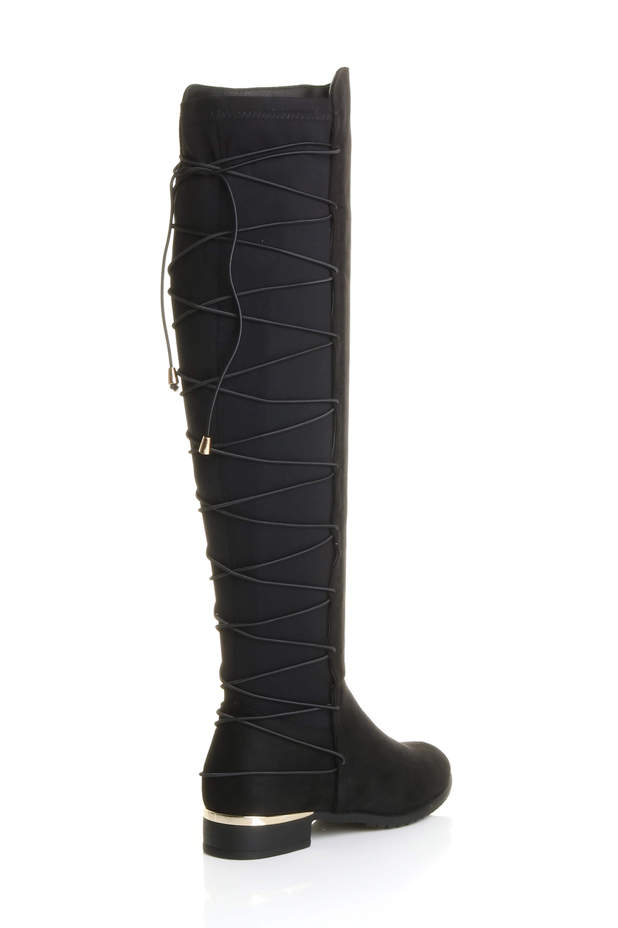 Black Elastic Tie Up Riding Knee High Boots, Image 4 of 6