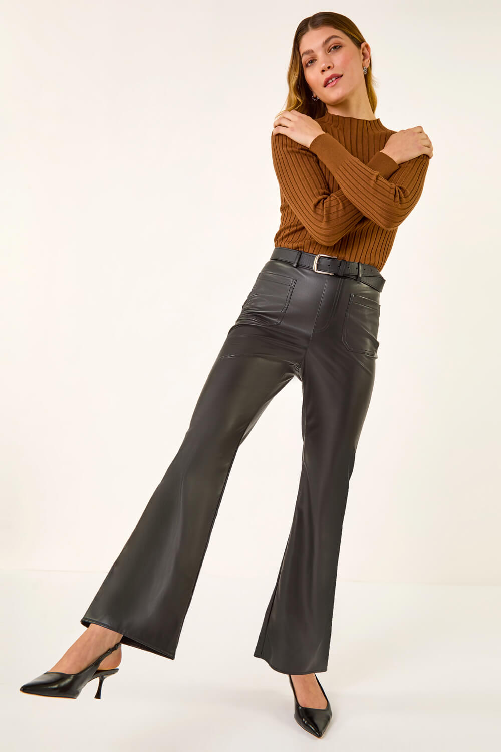 Black Faux Leather Bootcut Trouser, Image 3 of 7